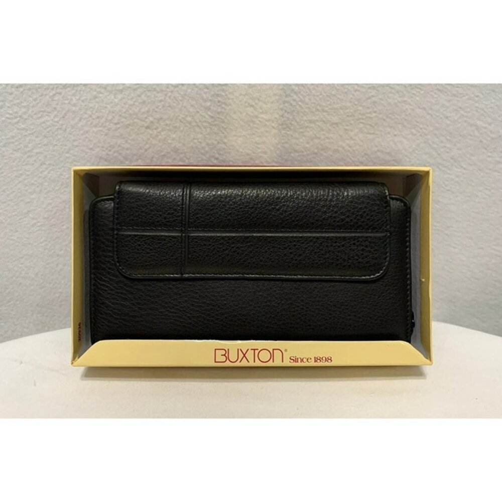 NEW Buxton Wallet Leather Black Ensemble Clutch Multiple Pockets Zip Closure